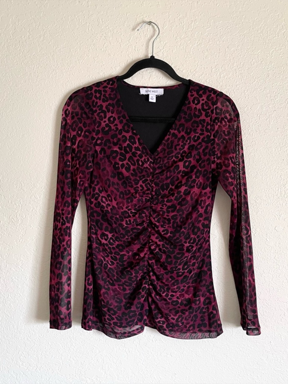Steve Madden Red Black Mesh Leopard Print Gathered Long Sleeve Top